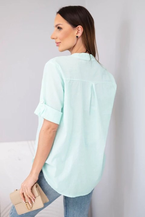 Bluzka damska koszulowa bawełniana z krótkim rękawem i kieszonką miętowa