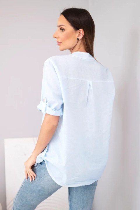 Bluzka damska koszulowa bawełniana z krótkim rękawem i kieszonką niebieska