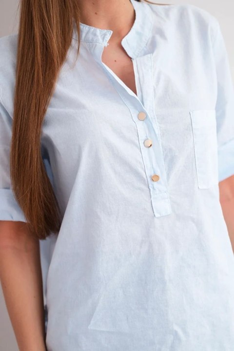 Bluzka damska koszulowa bawełniana z krótkim rękawem i kieszonką niebieska