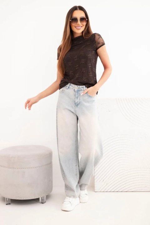 Bluzka damska wiskozowa koronkowa z krótkim rękawem i półgolfem brązowa