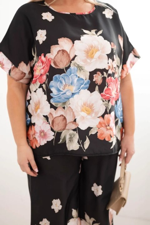 Komplet damski Plus Size z bluzką i spodniami w kwiaty z szeroką nogawką czarny