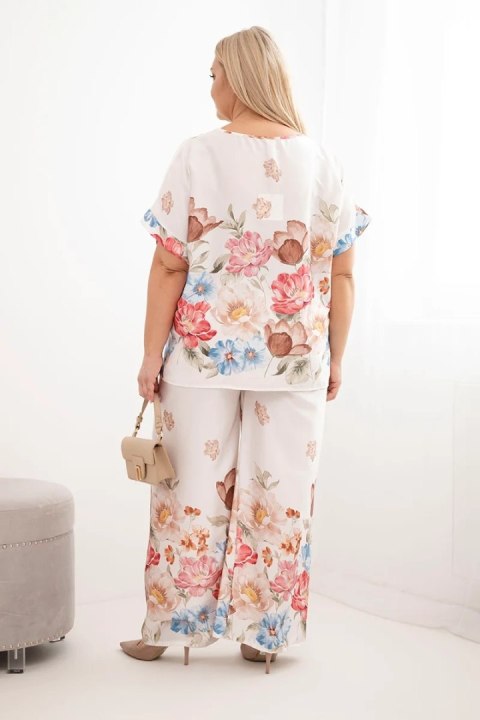 Komplet damski Plus Size z bluzką i spodniami w kwiaty z szeroką nogawką ecru
