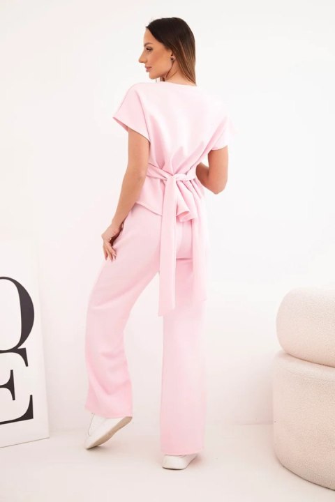 Komplet damski masełko z bluzką z krótkim rękawem i spodniami szeroka nogawka cukierkowy róż