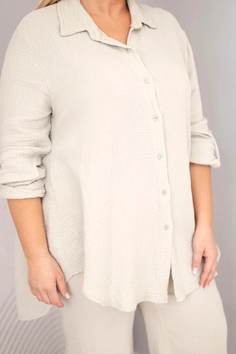 Komplet damski muślinowy Plus Size z koszulą zapinaną na guziki i spodniami z szeroką nogawką beżowy
