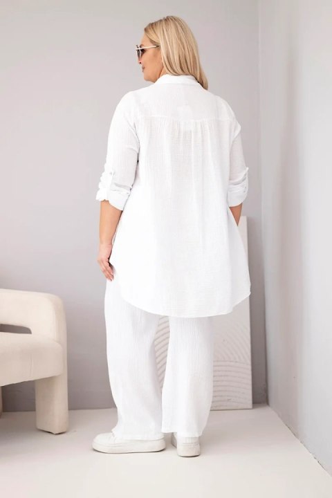 Komplet damski muślinowy Plus Size z koszulą zapinaną na guziki i spodniami z szeroką nogawką biały