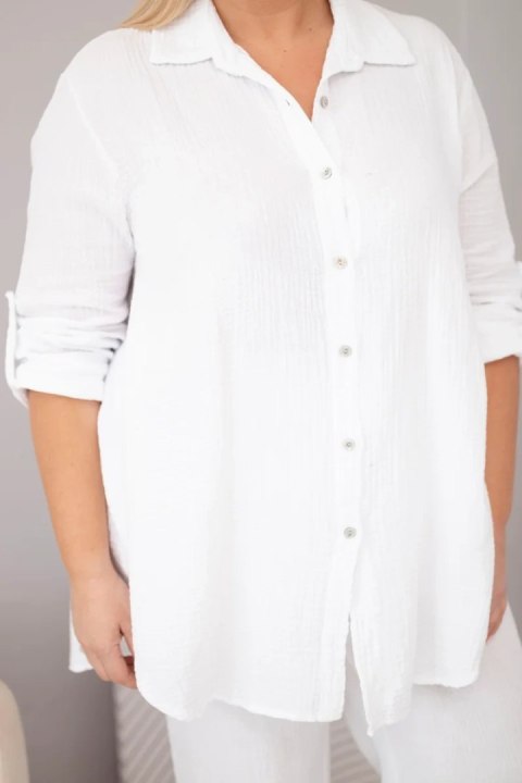 Komplet damski muślinowy Plus Size z koszulą zapinaną na guziki i spodniami z szeroką nogawką biały