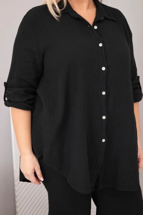 Komplet damski muślinowy Plus Size z koszulą zapinaną na guziki i spodniami z szeroką nogawką czarny