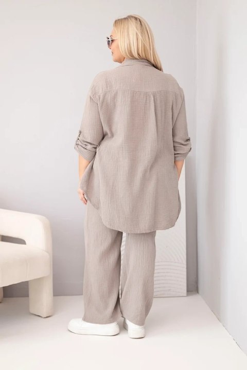 Komplet damski muślinowy Plus Size z koszulą zapinaną na guziki i spodniami z szeroką nogawką fango