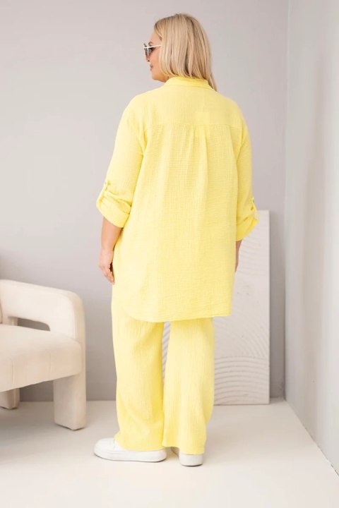 Komplet damski muślinowy Plus Size z koszulą zapinaną na guziki i spodniami z szeroką nogawką żółty