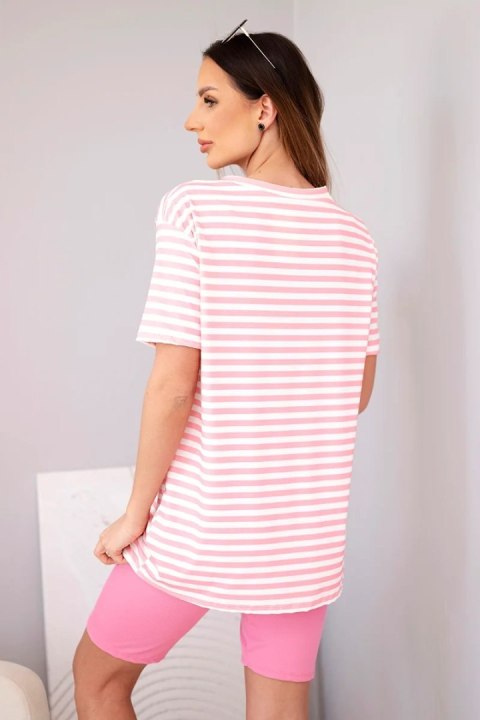 Komplet damski wiskozowy w paski z krótkim rękawem i spodenkami jasno różowy