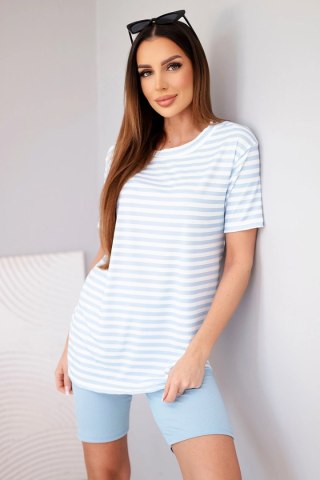 Komplet damski wiskozowy w paski z krótkim rękawem i spodenkami niebieski