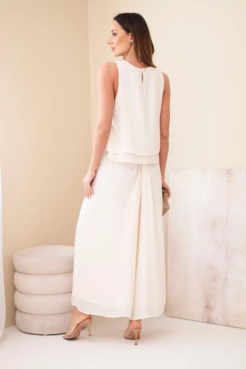 Komplet damski z wiskozą z topem bez rękawów i spodniami szeroka nogawka z ozdobnym wykończeniem beżowy