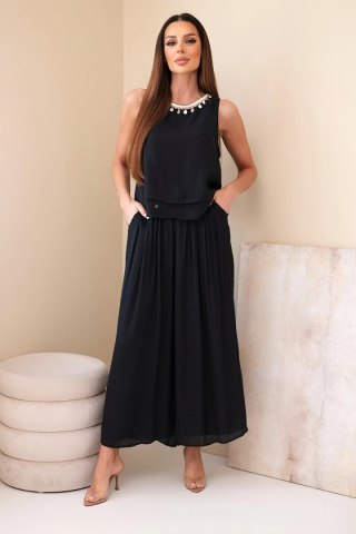 Komplet damski z wiskozą z topem bez rękawów i spodniami szeroka nogawka z ozdobnym wykończeniem czarny