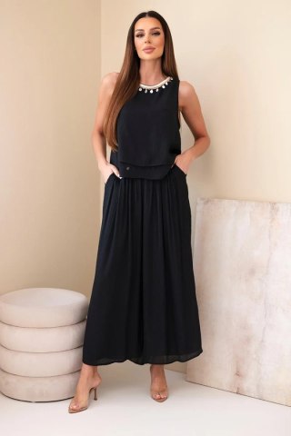 Komplet damski z wiskozą z topem bez rękawów i spodniami szeroka nogawka z ozdobnym wykończeniem czarny
