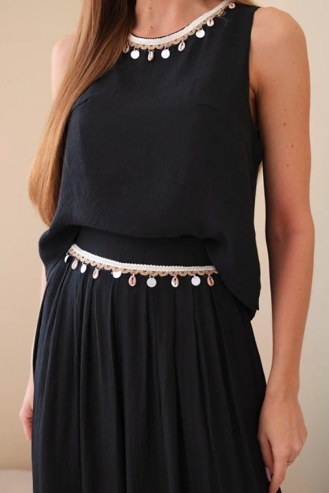 Komplet damski z wiskozą z topem bez rękawów i spodniami szeroka nogawka z ozdobnym wykończeniem czarny