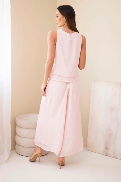 Komplet damski z wiskozą z topem bez rękawów i spodniami szeroka nogawka z ozdobnym wykończeniem pudrowy róż