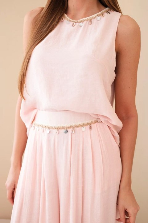 Komplet damski z wiskozą z topem bez rękawów i spodniami szeroka nogawka z ozdobnym wykończeniem pudrowy róż