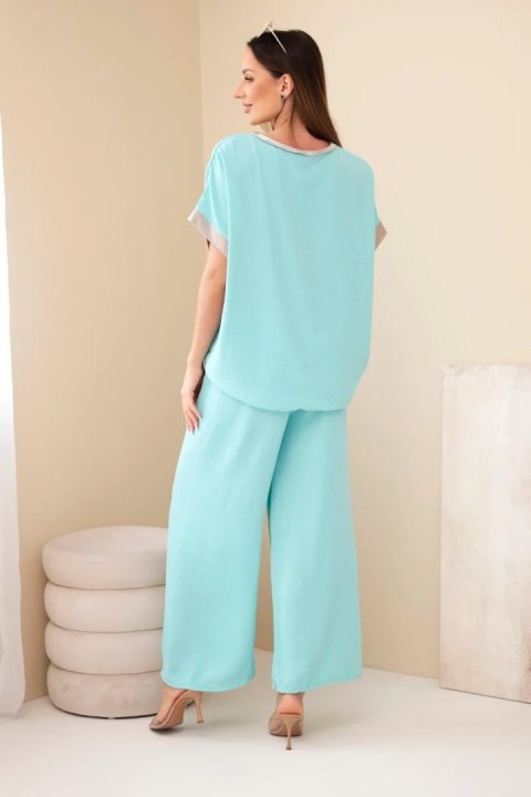 Komplet z wiskozy ze złotym obszyciem miętowy