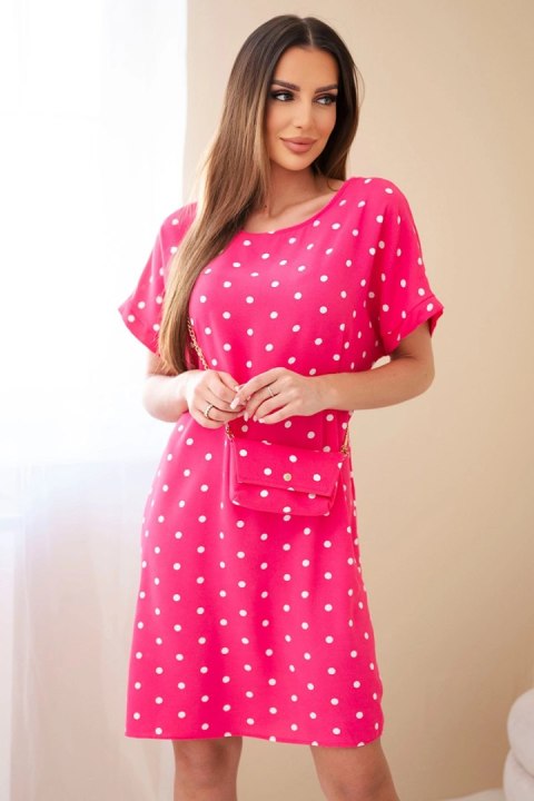 Sukienka damska w grochy z krótkim rękawem i torebką fuksja