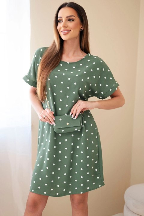 Sukienka damska w grochy z krótkim rękawem i torebką khaki