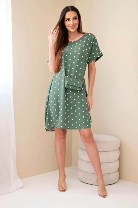 Sukienka damska w grochy z krótkim rękawem i torebką khaki