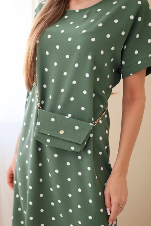 Sukienka damska w grochy z krótkim rękawem i torebką khaki