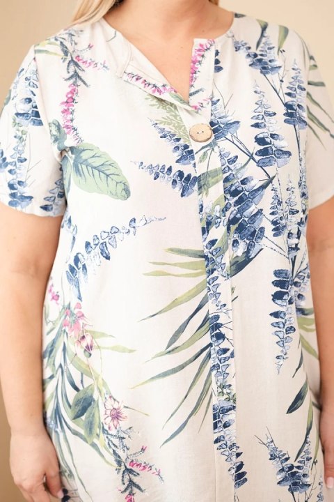 Sukienka damska wiskozowa Plus Size z krótkim rękawem i dekoltem na guziki beżowa