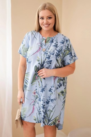 Sukienka damska wiskozowa Plus Size z krótkim rękawem i dekoltem na guziki niebieska