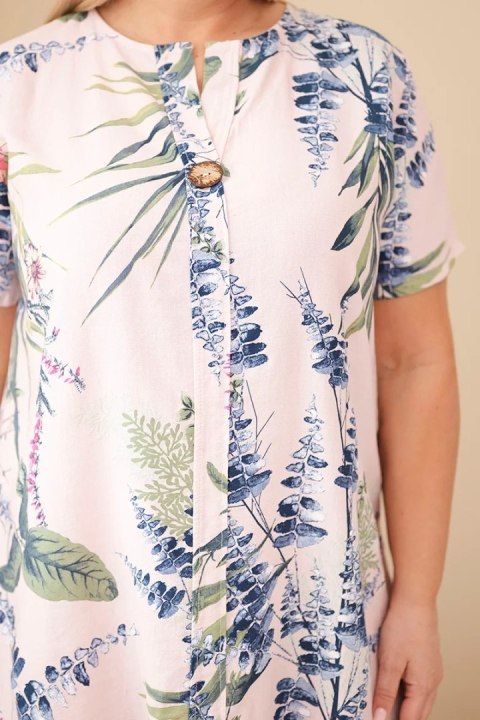 Sukienka damska wiskozowa Plus Size z krótkim rękawem i dekoltem na guziki pudrowy róż