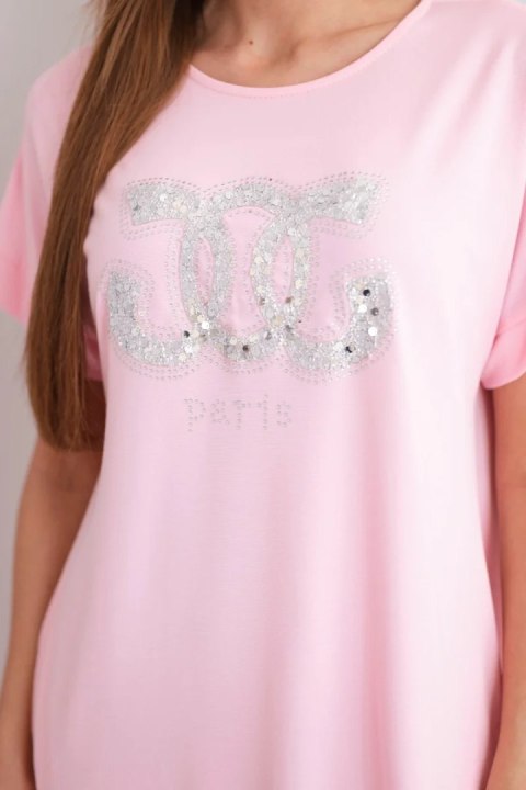 Sukienka damska wiskozowa z krótkim rękawem i ozdobnym nadrukiem cukierkowy róż