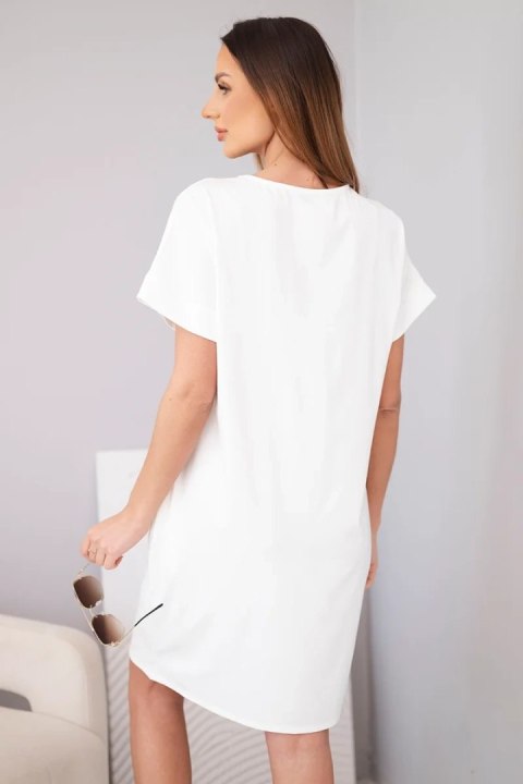 Sukienka damska wiskozowa z krótkim rękawem i ozdobnym nadrukiem ecru