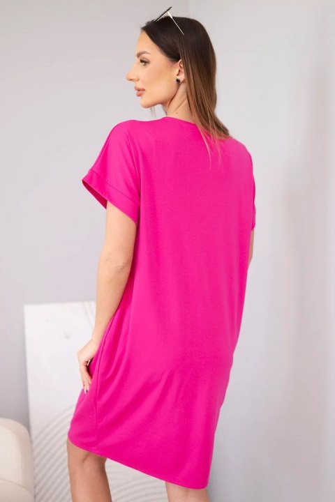 Sukienka damska wiskozowa z krótkim rękawem i ozdobnym nadrukiem fuksja