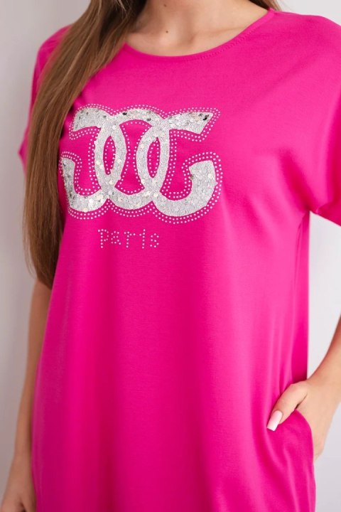 Sukienka damska wiskozowa z krótkim rękawem i ozdobnym nadrukiem fuksja