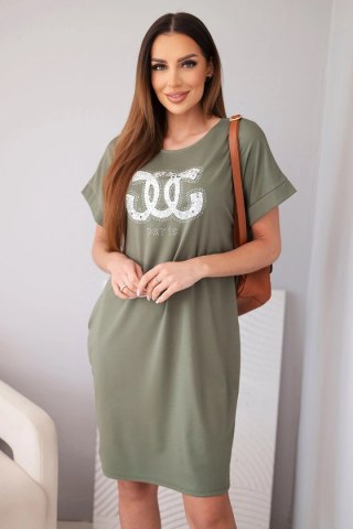 Sukienka damska wiskozowa z krótkim rękawem i ozdobnym nadrukiem khaki