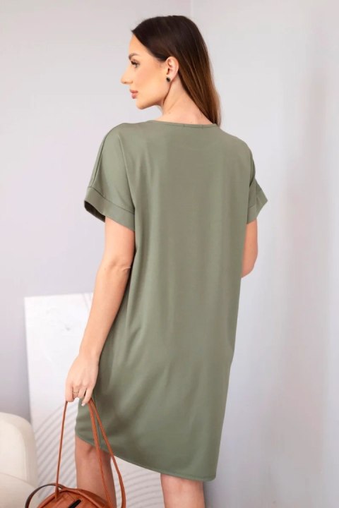 Sukienka damska wiskozowa z krótkim rękawem i ozdobnym nadrukiem khaki