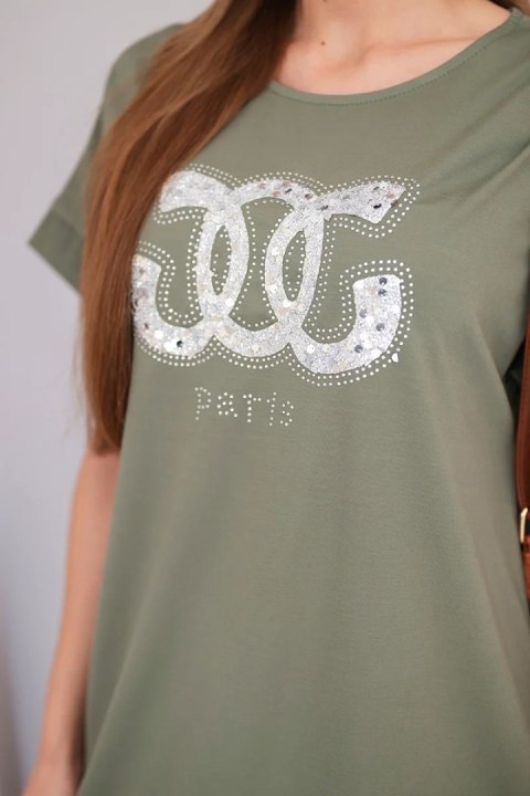 Sukienka damska wiskozowa z krótkim rękawem i ozdobnym nadrukiem khaki