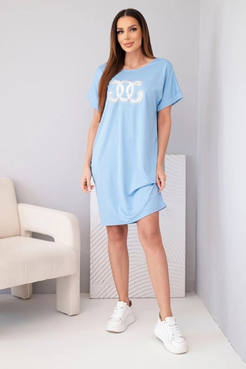 Sukienka damska wiskozowa z krótkim rękawem i ozdobnym nadrukiem niebieska