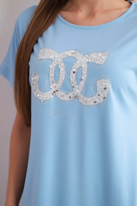 Sukienka damska wiskozowa z krótkim rękawem i ozdobnym nadrukiem niebieska