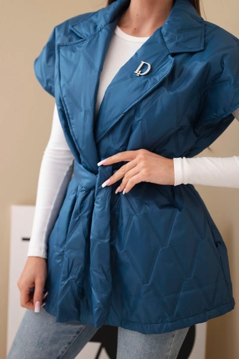 Damska pikowana kamizelka z paskiem i szerokim kołnierzem ciemno jeansowa