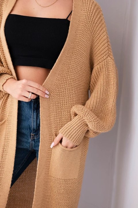 Sweter długi kardigan camelowy
