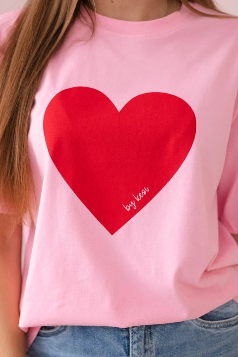 Bluzka bawełniana z nadrukiem serca jasno różowa