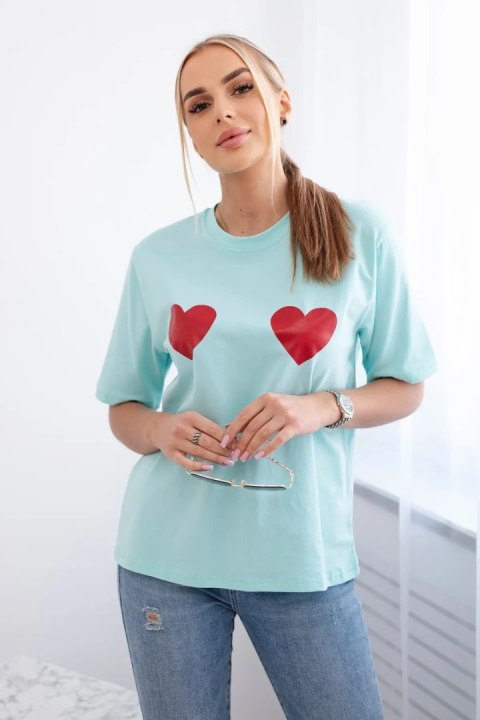Bluzka bawełniana z nadrukiem serc jasno miętowa