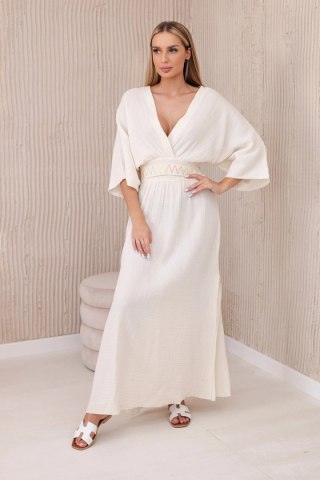 Sukienka muślinowa z haftem w talii jasno beżowa