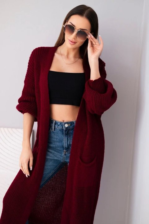 Sweter długi kardigan bordowy