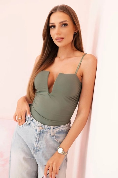 Bluzka body damska na ramiączka z marszczeniem i dekoltem V jasne khaki