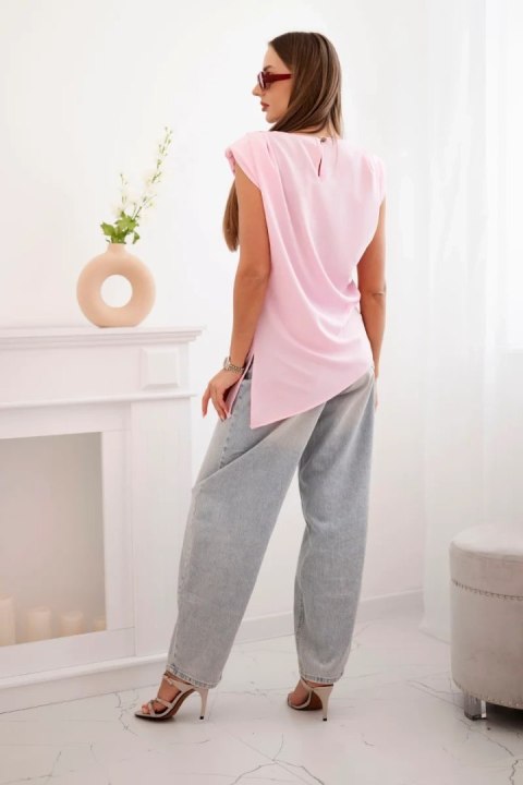 Bluzka damska elegancka z marszczeniem i asymetrycznym krojem cukierkowy róż