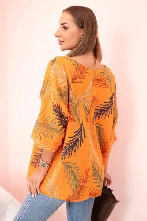 Bluzka damska z bawełny w liście z podwijanym rękawem pomarańczowa