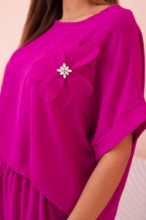 Komplet damski z wiskozy z ozdobnym kwiatem i szerokimi spodniami ciemny fioletowy