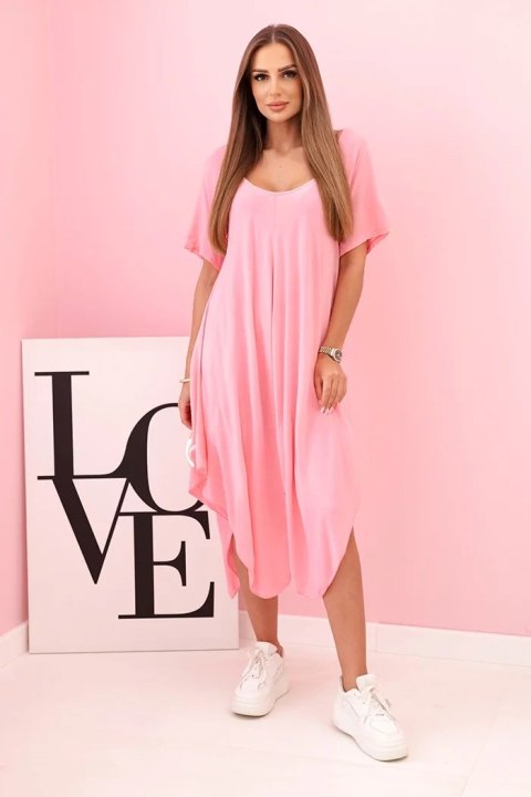 Sukienka damska z wiskozy z krótkim rękawem i rozkloszowanym dołem jasno różowa