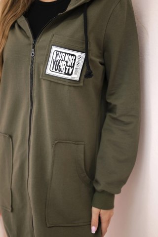 Bluza damska dłuższa z kapturem i zamkiem khaki